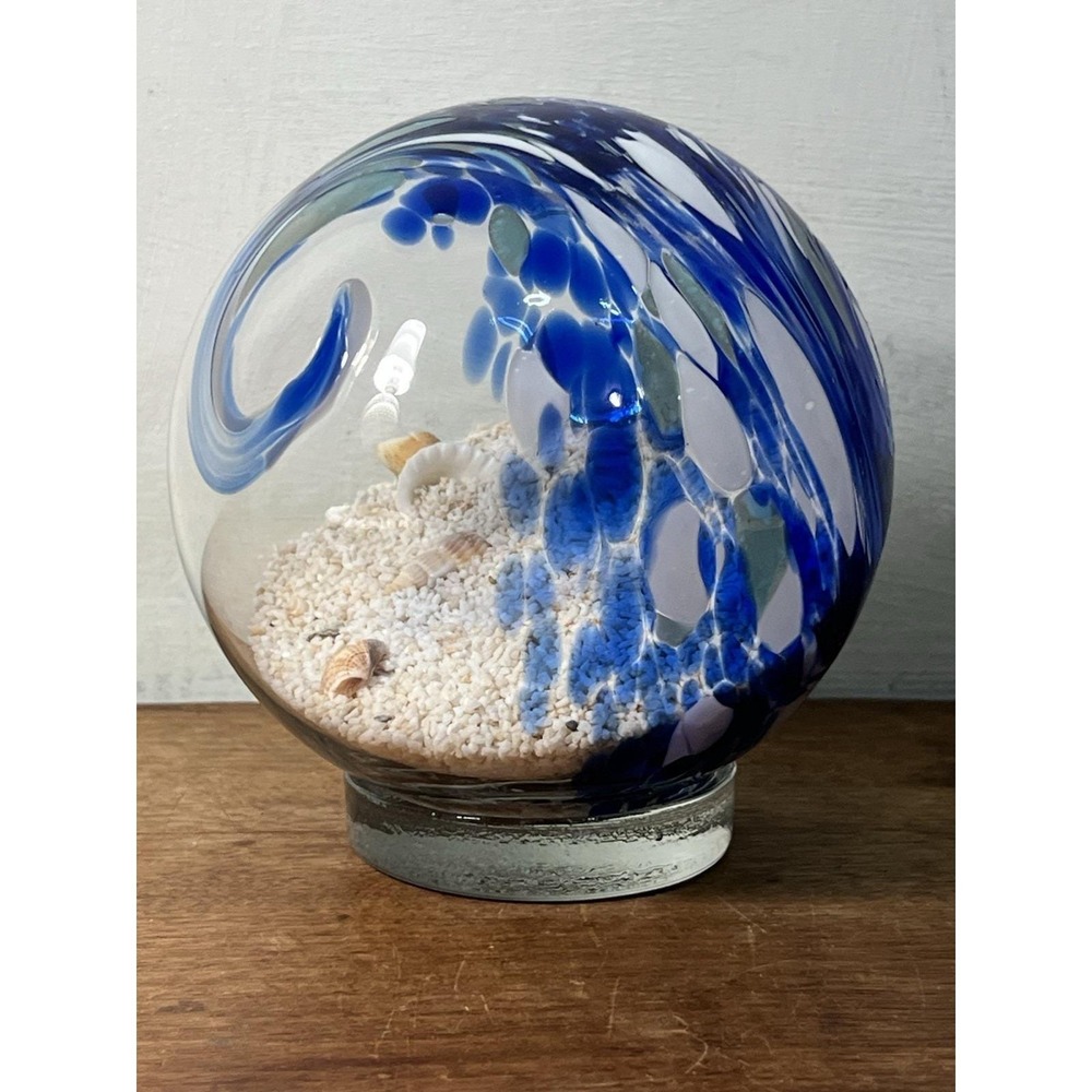 Art Glass Paperweight Sealed Orb "beach In A Bottle" Blue Swirl Ocean Wave Motif